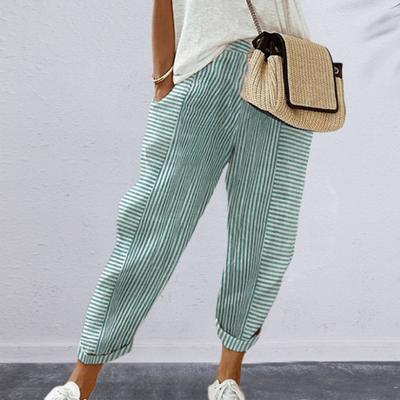 Women Casual Pants Elastic High Waist Wide Leg Trousers with Pockets Striped Print