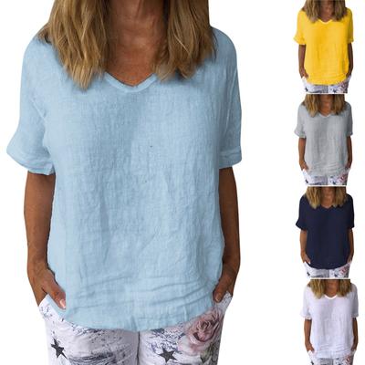 Women's Fashion Short Sleeve Cotton Linen Loose Casual Solid Color Top