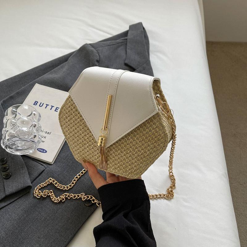 Dámská plážová taška Tote ze slámy a kůže Dámská letní ratanová taška přes rameno Dívčí ručně pletená bohémská crossbody taška