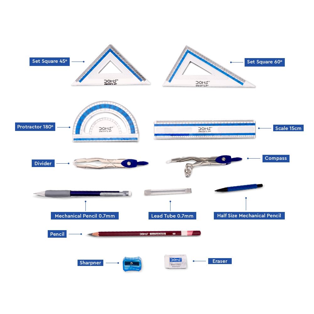 DOMS GeoFlip Geometry Box with Math Instruments, Flip Compartment, Mechanical Pencil & Extra Leads for School Drawing
