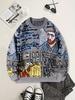 Stylish Korean Round Neck Men's Wool Sweater - Autumn/Winter Casual Loose Fit with Graffiti and Color Block Design