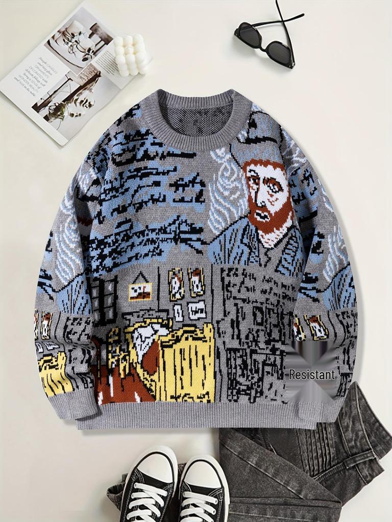 Stylish Korean Round Neck Men's Wool Sweater - Autumn/Winter Casual Loose Fit with Graffiti and Color Block Design