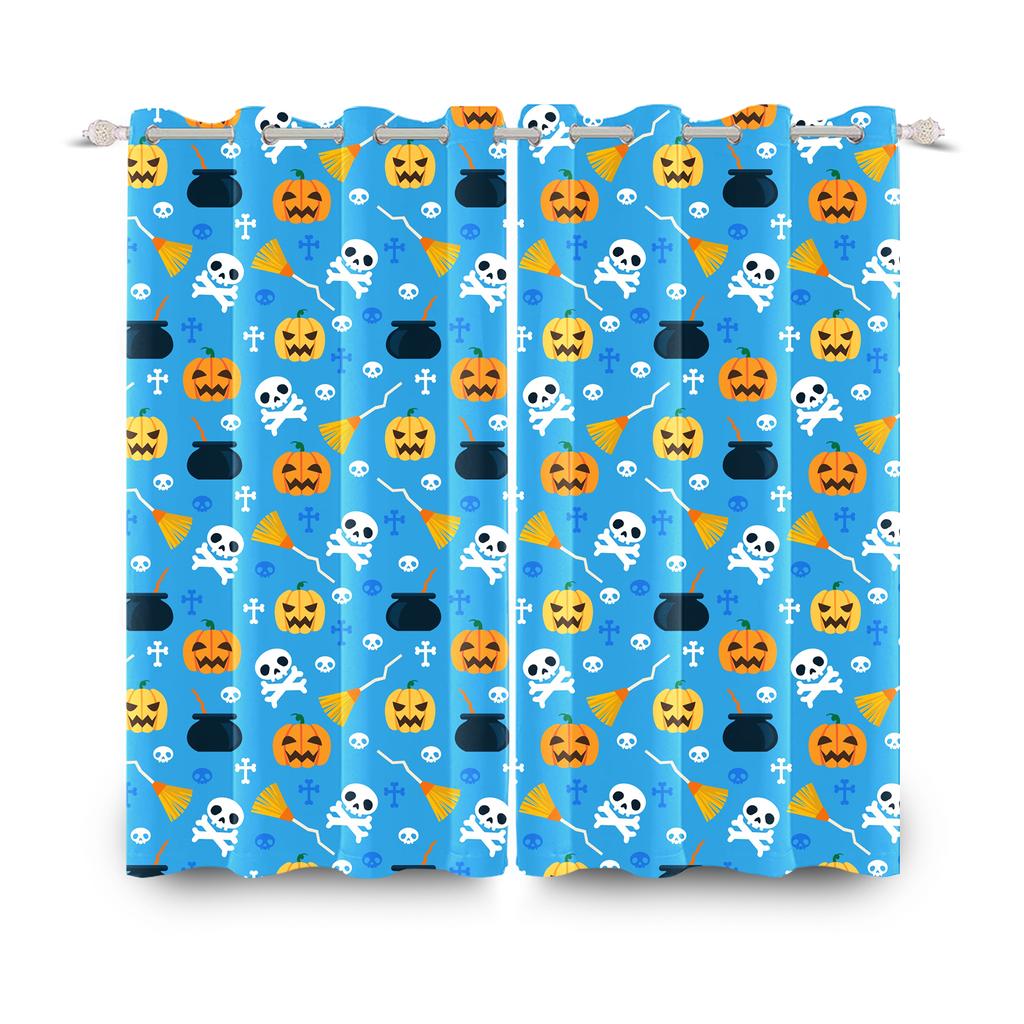 2pcs/set Horror Halloween Window Curtain Bat Spider Pumpkin Ghost Haunted House Home Decor Blackout Polyester Fabric Curtains