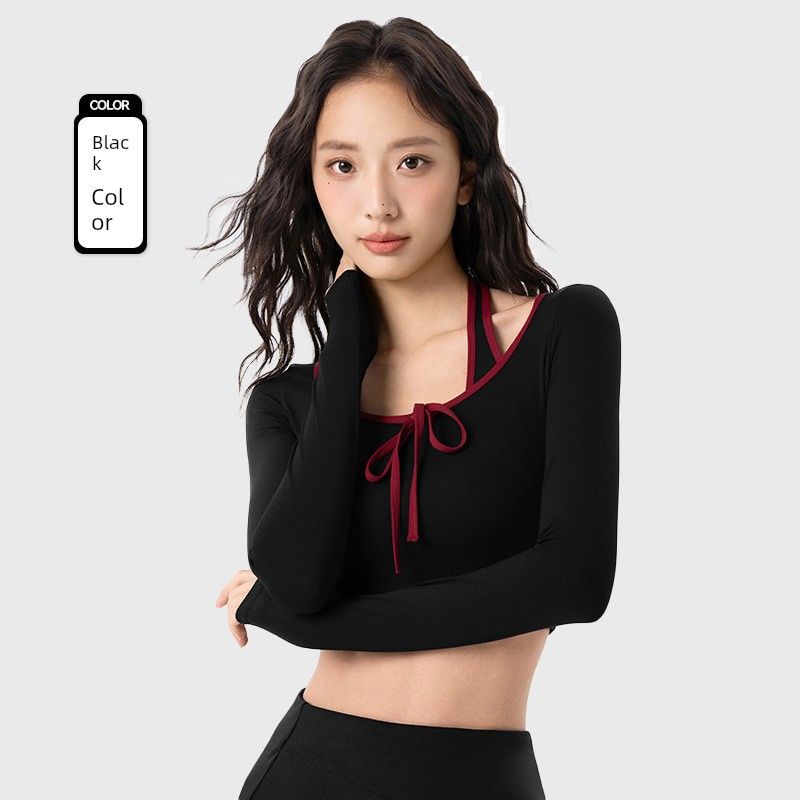 Export Fake Two-Piece Halterneck Long-Sleeved Fixed Cup Short Sports Tops Contrast Color Binding Easiest for Match Fitness Yoga Wear Women