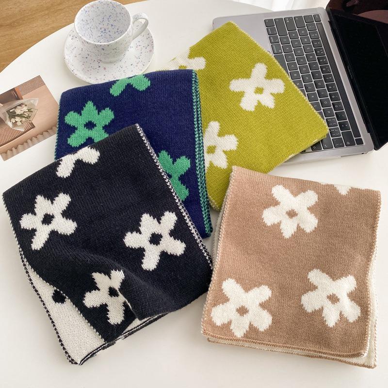 New flower solid color soft waxy knitted wool scarf female autumn and winter student versatile warm scarf