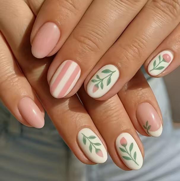 New 24 Pieces Manicure Flower Stripes Light Pink Gentle Sweet Cute Short Almond Wearing Armor Jelly glue + rubbing strips*3pcs