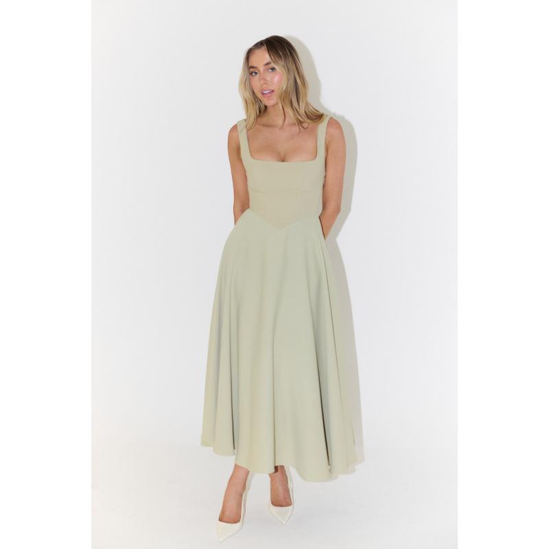 Women's Square Neck Sleeveless Midi Dress Spaghetti Strap High Waist A Line Flowy Long Summer Casual Dress With Pockets