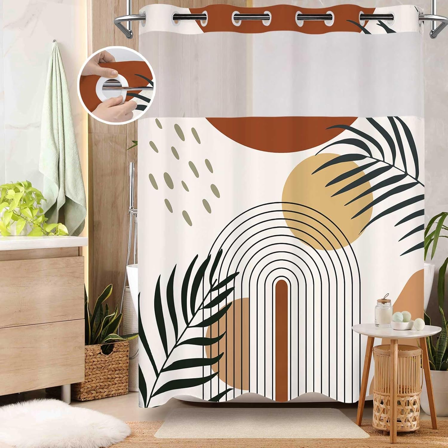 Baifenbai Home Furnishing Light No Hook Shower Curtain With Snap In Liner And Liner Set, Boho Mid Century Sun Shower Curtain For Bathroom Decor 71X74 In