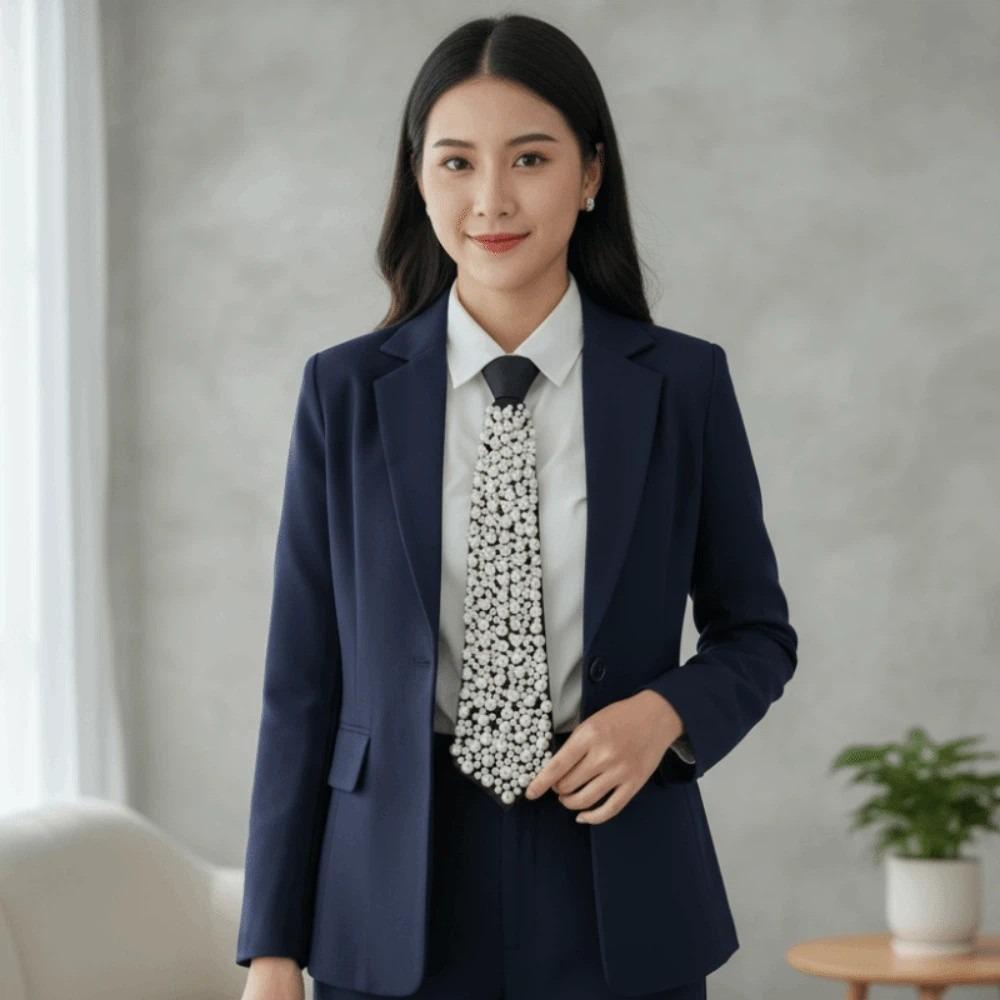 Korean Style Full Pearls Tie Black Decoration Shirt Tie Hand-beaded Long Necktie  Performance