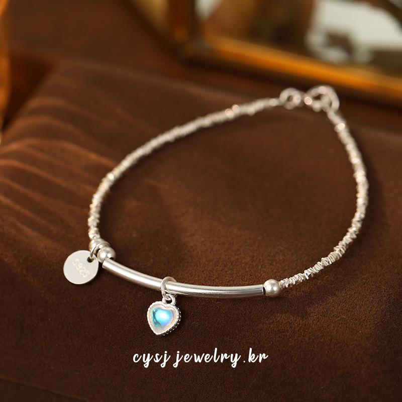 Cui Yan S925 Sterling Silver Korean Moonstone Heart Silver Thread Bracelet for Women - Simple, Niche, Sweet Hand Jewelry 925 Sterling Silver