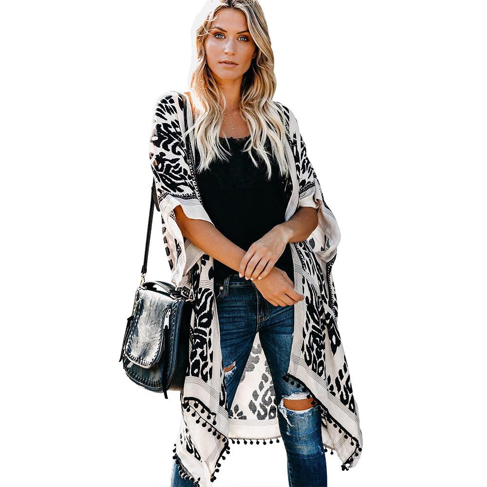 

Bali Beach Resort Pom-pom Kimono Cardigan for Women - Printed Short Sleeve Cover-up One Size чёрный