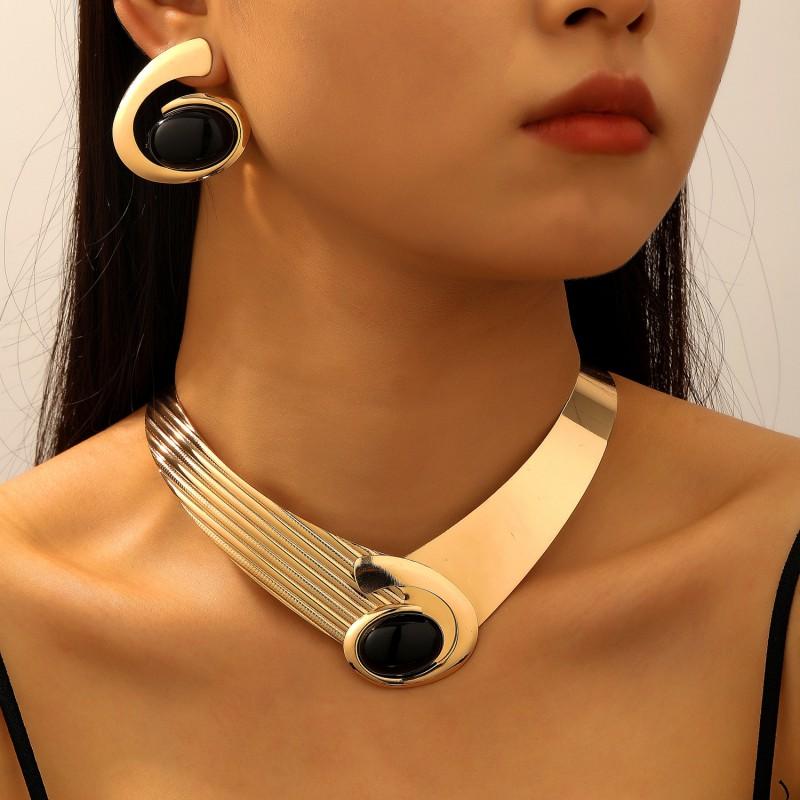 Womens Geometric Oval Spiral Statement Jewelry Set Necklace Earrings Bracelet Ring Trendy Fashion Accessories