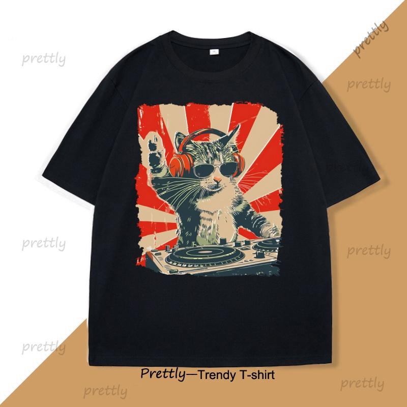 Cool DJ Cat TShirt Funny Cat with Headphones Graphic T Shirts Trendy Short Sleeve Round Neck Tshirt Streetwear Cotton Tees