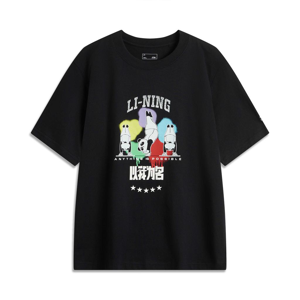 Li Ning Panda T-Shirt With Brand Logo Round Neck Knitted Sports Casual Short Sleeve Unisex Tops Black AHSUF11-1