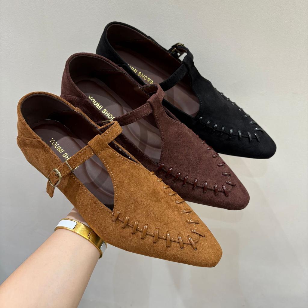 2025 Autumn and Winter New Round Head One-word Buckle Braided Soft Bottom Inner Slope Heel Set Foot Versatile Doudou Commuting Work