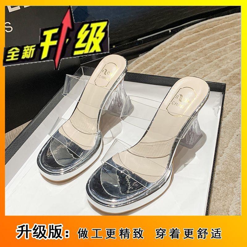 

Красивые туфли на очень высоком каблуке, клубные, с хрустальным каблуком, водонепроницаемые, крутые шлепанцы на платформе, прозрачные, для модели для танца на пилоне, для автошоу, сандалии на толстом каблуке для женщин 40