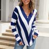 Damenmode V-Ausschnitt Lochmusterpullover Damen Gestreifte Stricktops