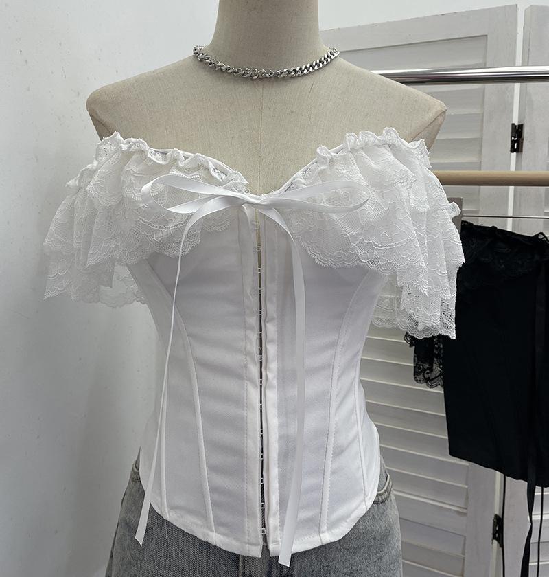 

Lace Trim Strapless Tank Top with Tie-Up Bow and Chest Pads One Size білий
