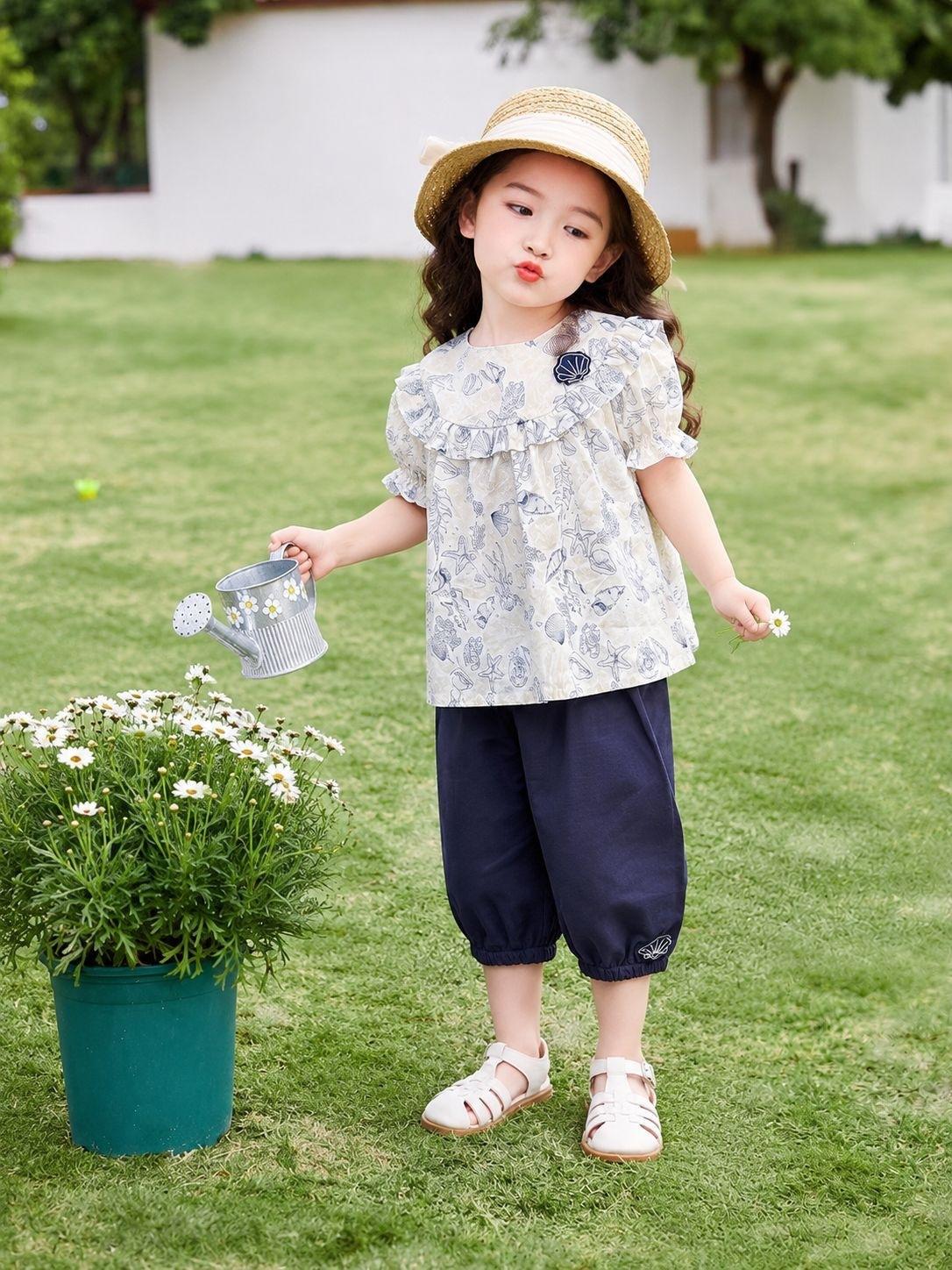 Girls Summer Short Sleeve Bubble Sleeve Bow Two Piece Outfit 110