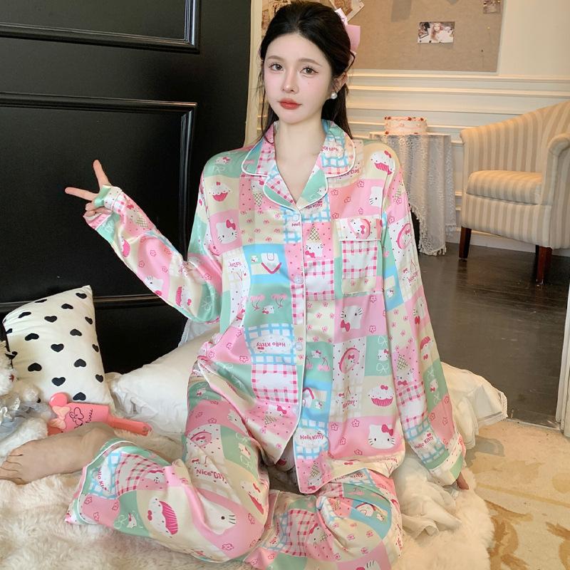 Color Matching Plaid Cartoon Pajamas Women'S Long-Sleeved Set Lapel Cardigan Loungewear Two-Piece Set