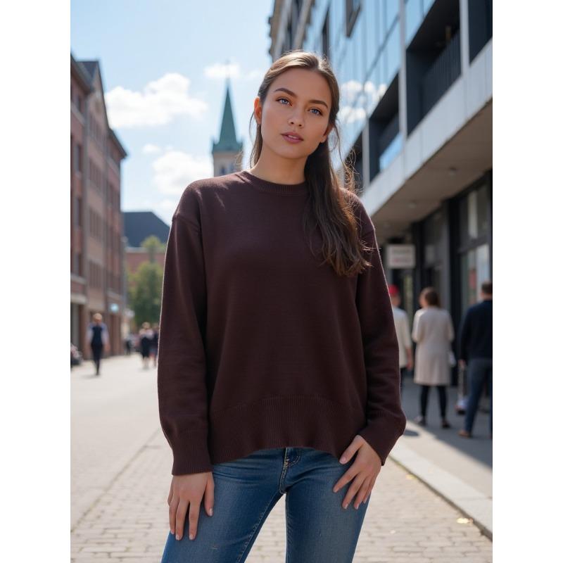 VEZFAA Women's Fashion Casual Fall Winter Solid Color Print Long Sleeve O-Neck Sweaters