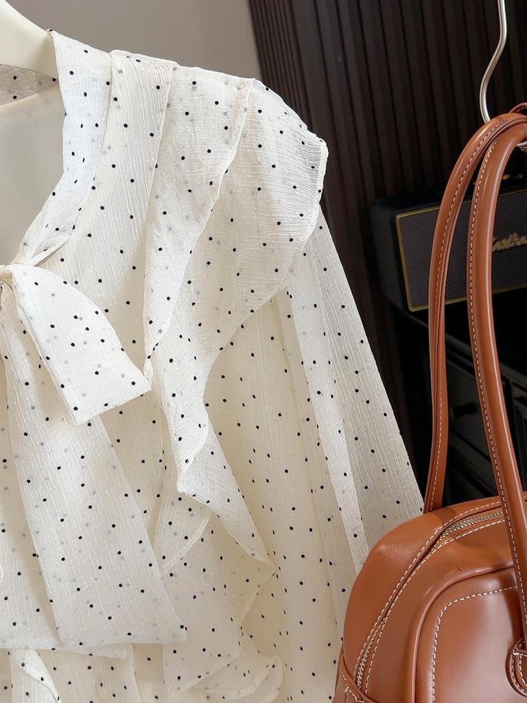 Elegant Spring 2026 Women's Polka Dot Heart Ruffle Shirt: Chic, Age-Defying, Unique Long-Sleeved Design