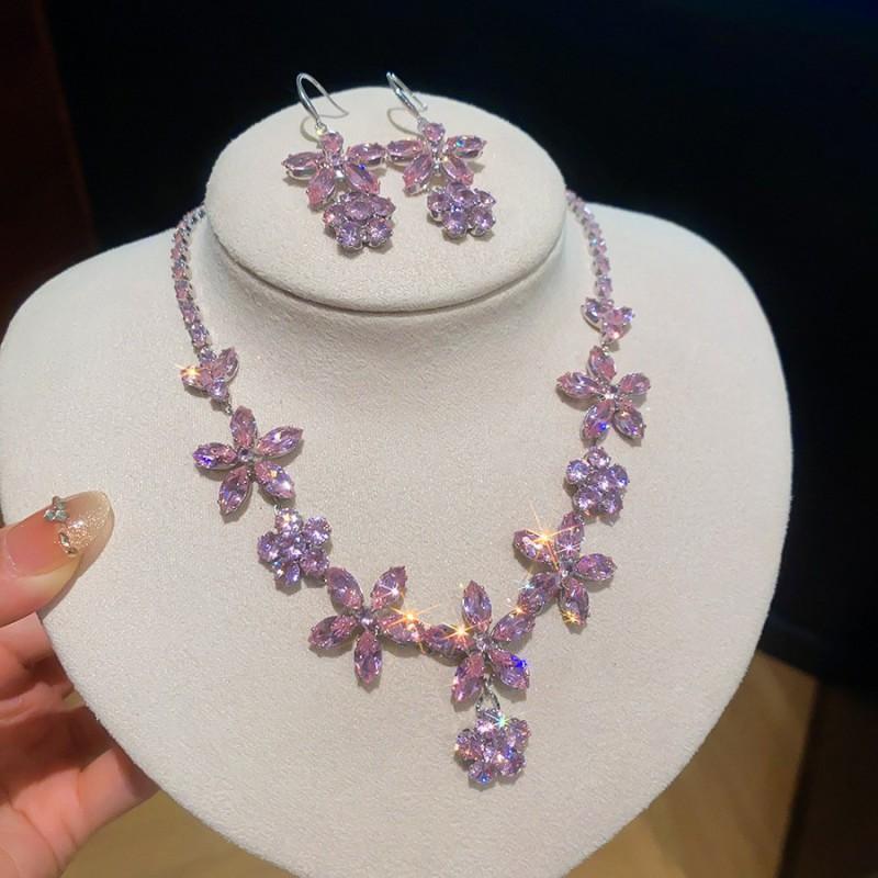Waterdrop Zircon Inlaid Earrings Necklace Set Luxury Style Fashion Jewelry Women