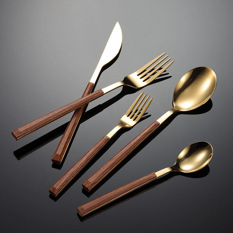Nerezová ocel 430 rukojeť s imitací dřeva, západní příbory, pětidílná sada nožů, vidliček a lžic