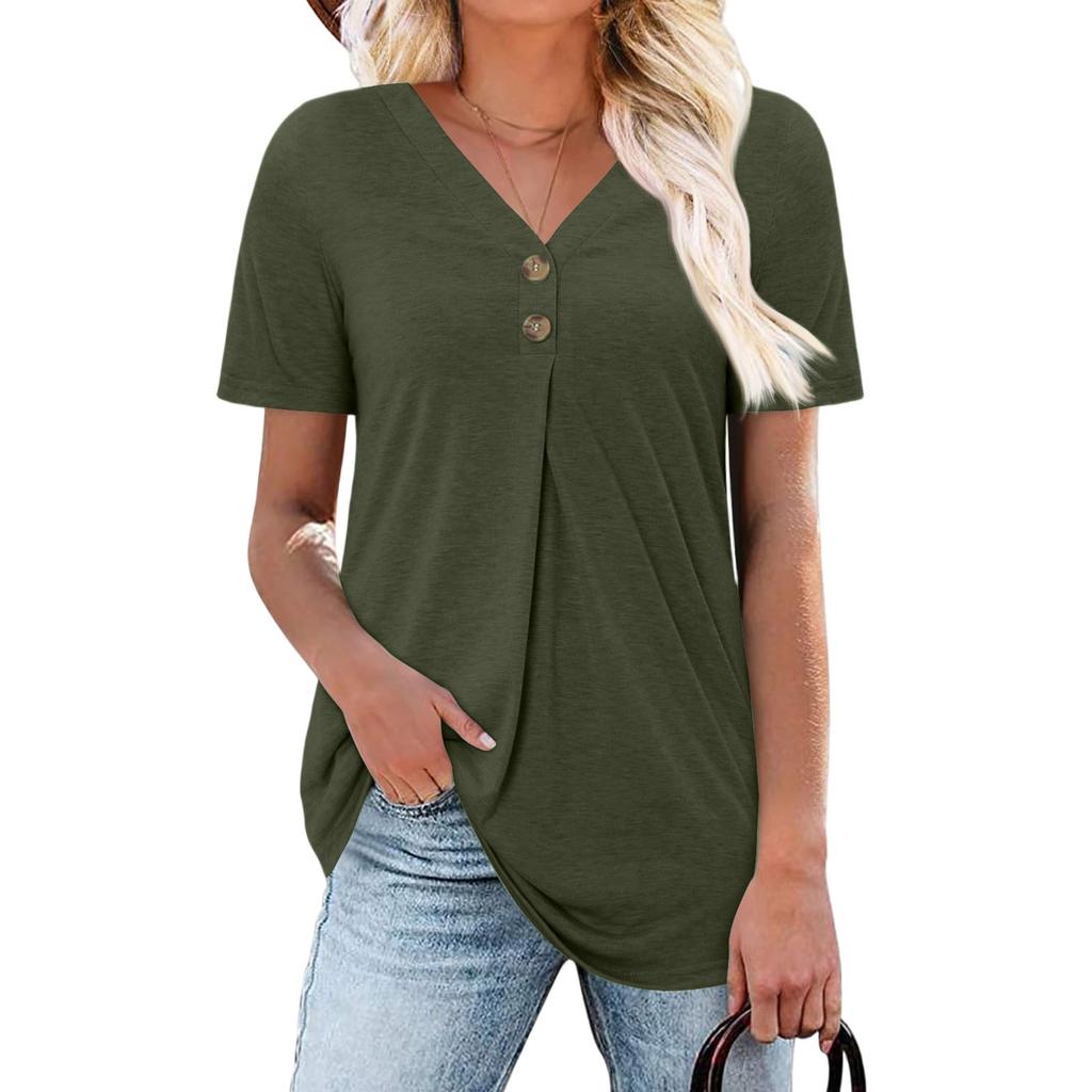 Women's Fashion Casual Short Sleeve Buttoned V-Neck T-Shirt Top