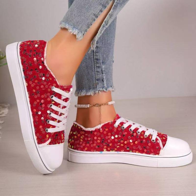 Plus Size Women's Shoes 2025 Fall New Arrival Fashion Round Toe Flat Lace-Up Sequined Casual Flats