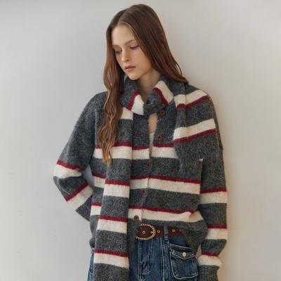 Stripe Round Neck Cardigan   Muffler Set Ze11qd022na