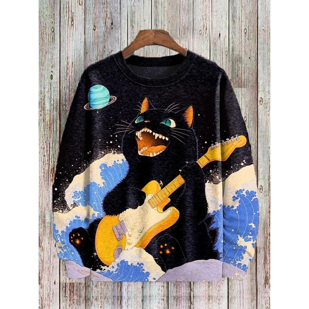 

Японская мода Мужская толстовка Смешная графика с животными Укиё-э Пуловер с круглым вырезом Повседневный пуловер Топы Стандартная посадка Полиэстеровая рубашка XS