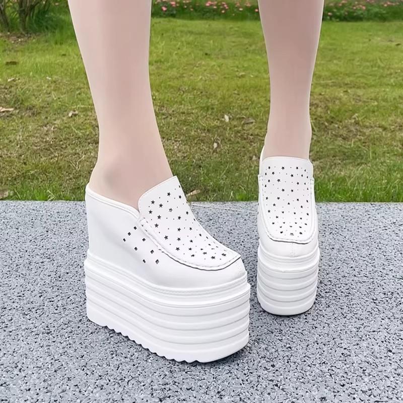 Fashion 13CM Women's Flat Shoes Mules Summer 2025 Fashion Leather Fashion Breathable Platform Slippers Thick Bottom Women Slippers
