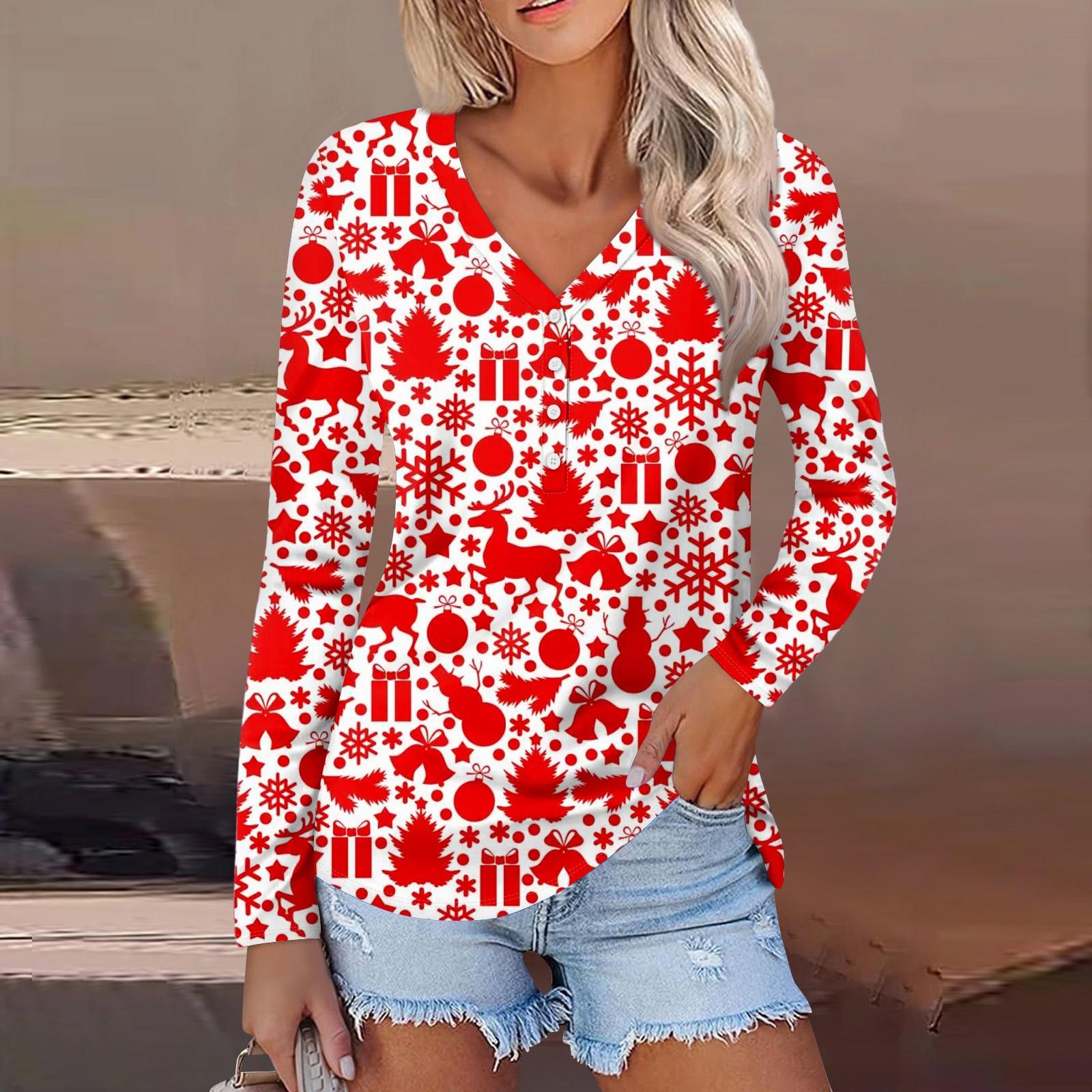 Женская повседневная мода сексуальный комфорт рождественский принт V-образный вырез пуговицы длинный рукав XXL розовый
