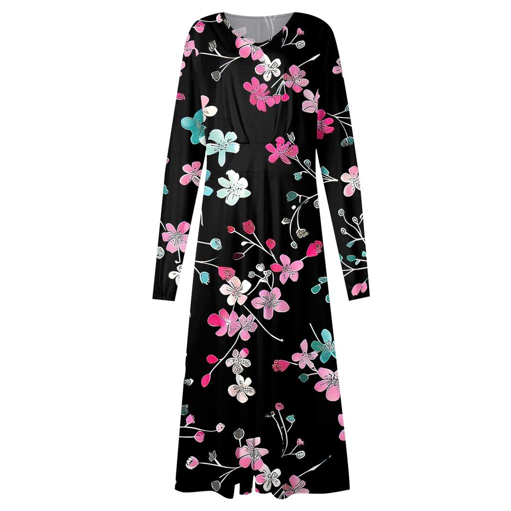 Damen Herbst und Winter Casual Fashion V-Ausschnitt Langarm Print Langes Kleid