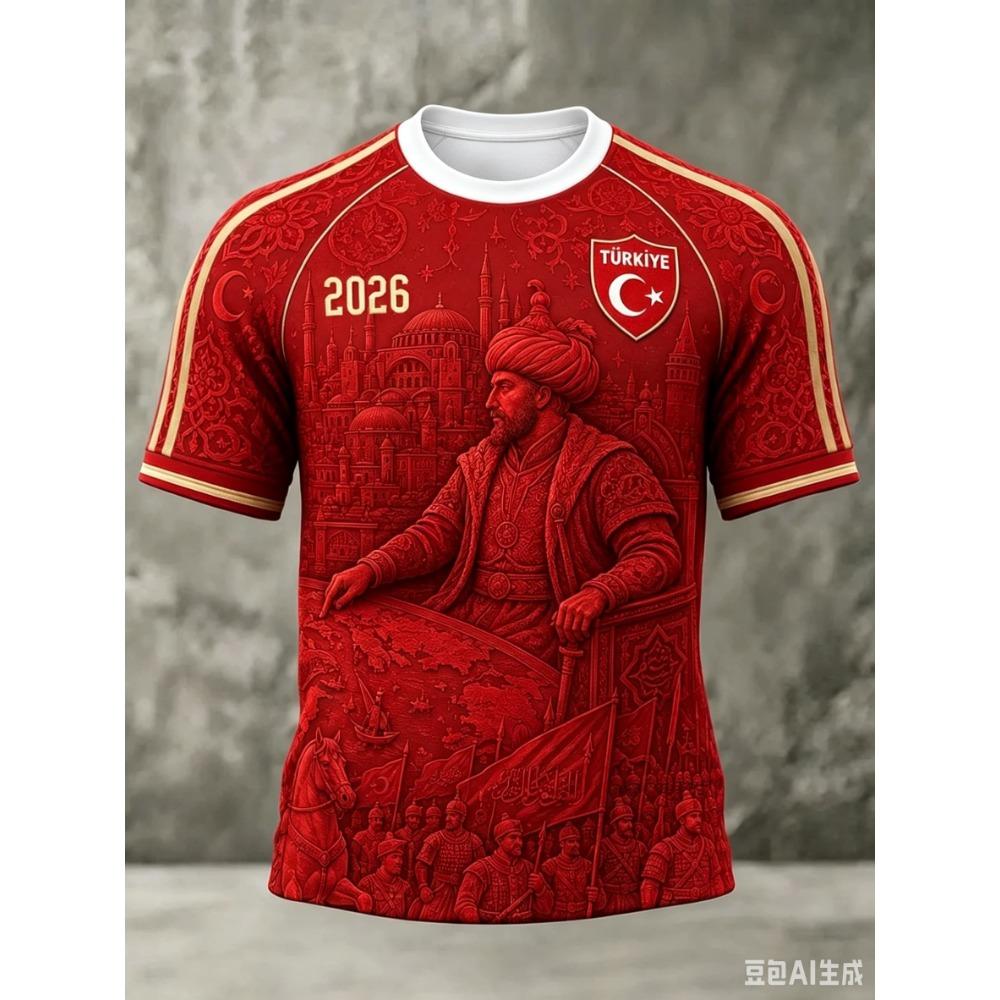 Türkei Fußballtrikot Rot Vollprint TÜRKIYE Halbmondstern Abzeichen Goldene Linie Ärmelmanschette Sportfan Kurzarm Unisex Oberteile Kleidung