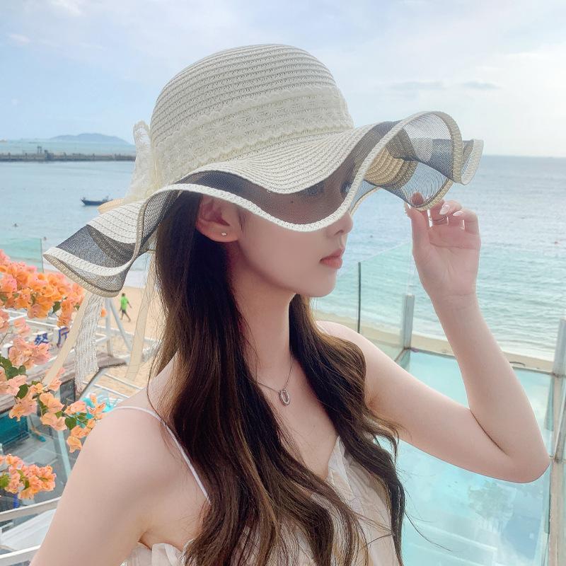 Summer new hat women's lace bow beach straw hat seaside travel sun hat big edge sun hat