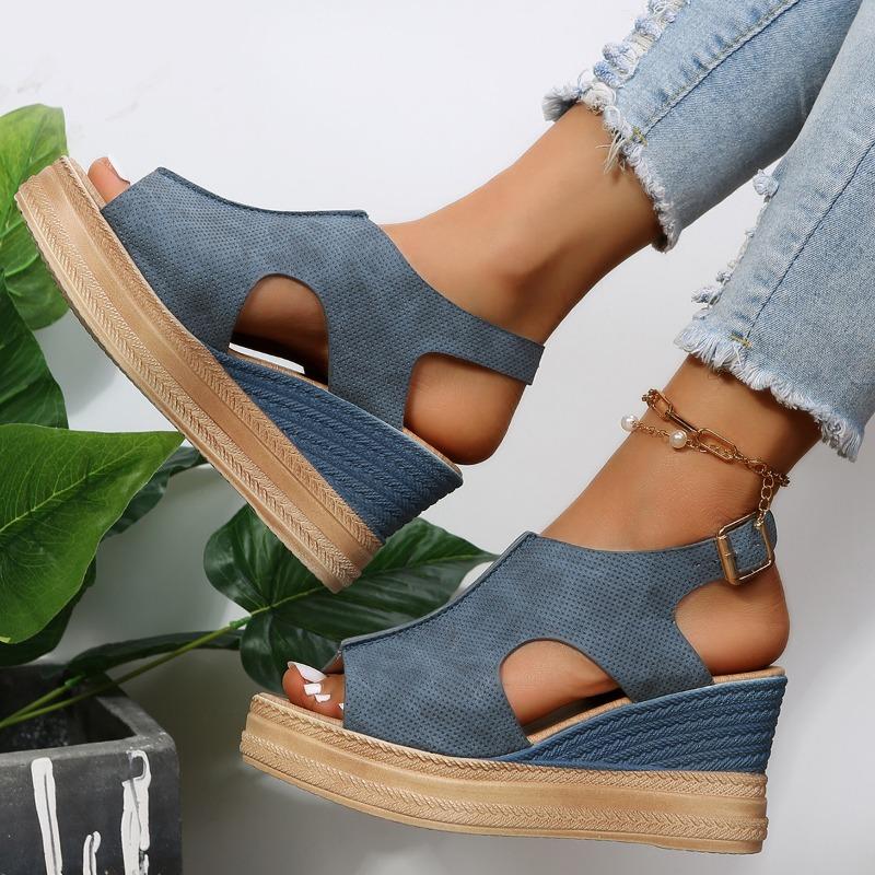 Summer Fish-mouth Shoes Wedge Heels Open-toe Buckle Shoes High-heeled Sandals