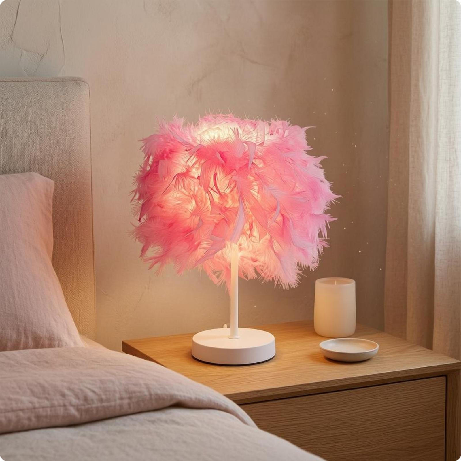 Feather Table Lamp Decorative Bedside Corded House Lighting for Tabletop Pink White Usb
