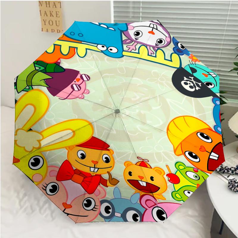 Happy Tree Friends3 Print Automatic Umbrella, 8 Rib Iron Frame, Plastic Handle, Suitable for Outdoor Travel &Daily , Ideal Gift