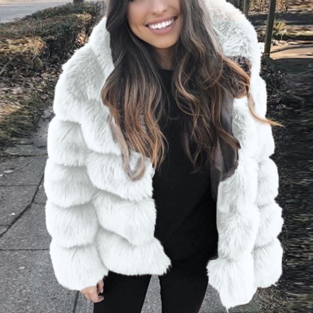 Women's Mid-Length Faux Fox Fur Jacket with Hood - Thickened Winter Patchwork Coat Long Sleeve