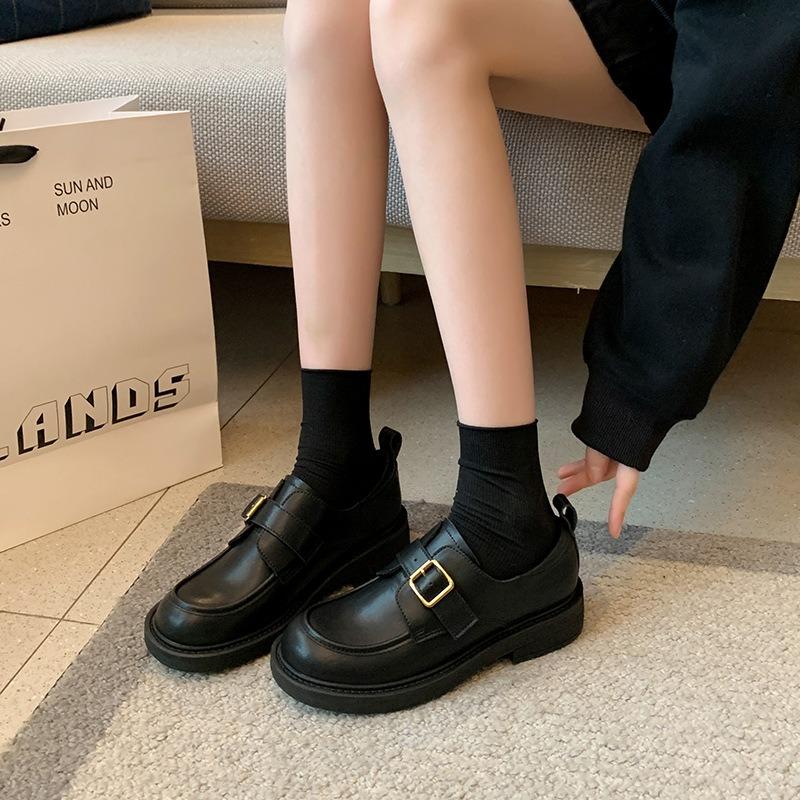 6-Small leather shoes 26 spring new thick-soled black versatile widened large-size women's shoes