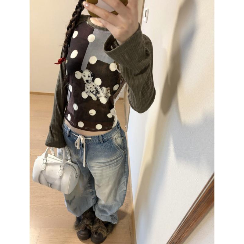 

Women s Retro Dalmatian Print Slim Fit Long Sleeve T-Shirt - Autumn Trendy Top L зелёный