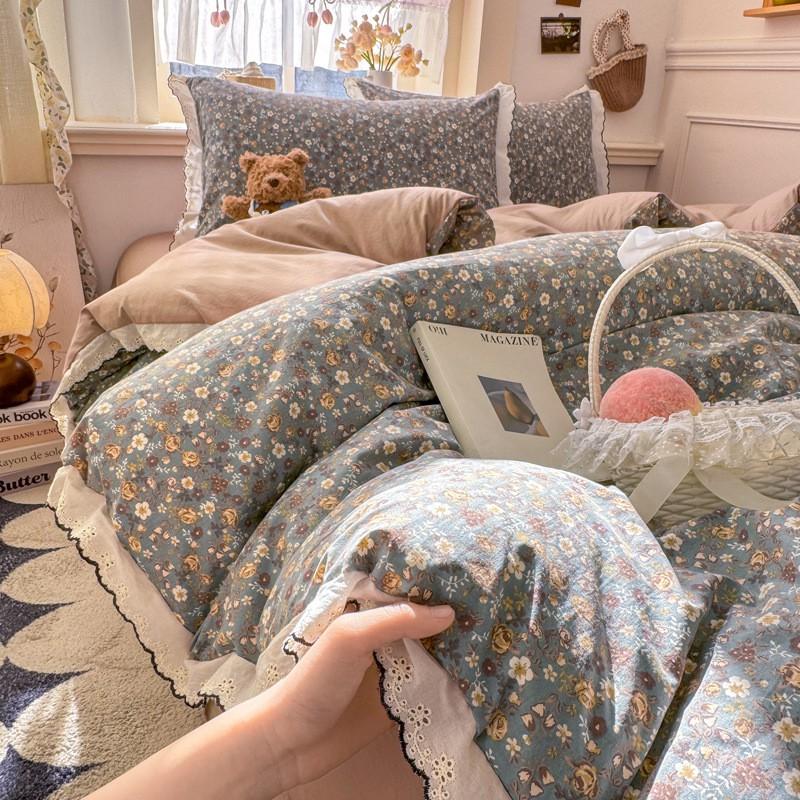 2026 Faux Cotton Washed Lace Bedding Set Floral Duvet Cover