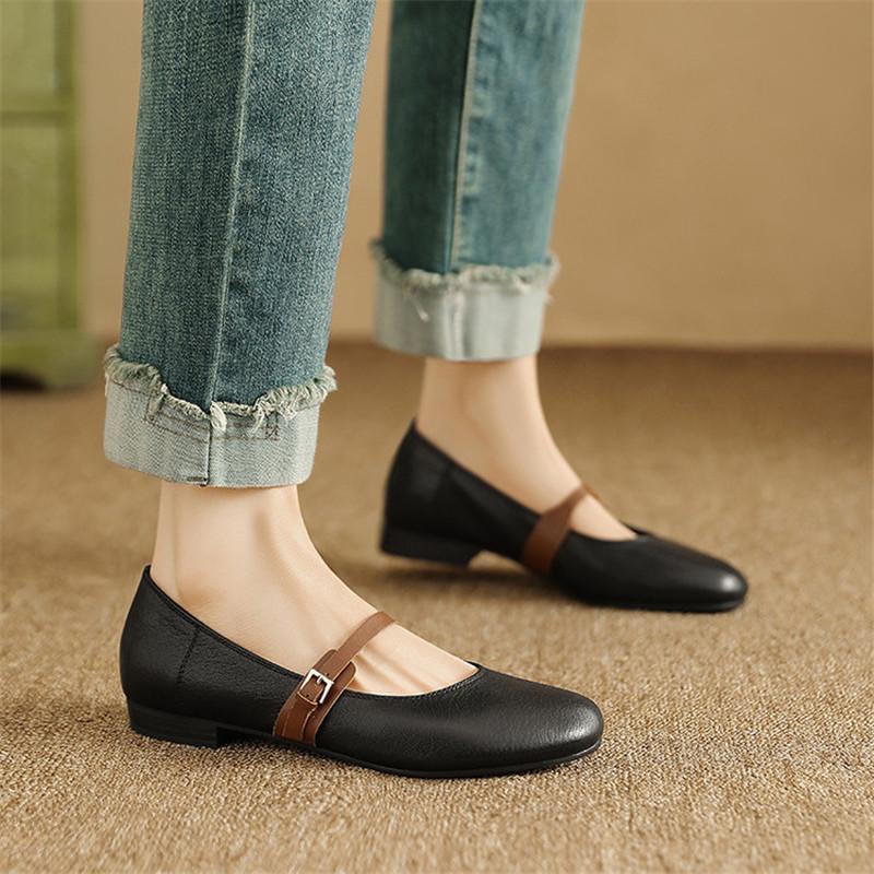 Fashion New Spring/summer Mary Jane Shoes Genuine Leather Shoes for Women Fashion Round Toe Shallow Women Pumps Chunky Heels Beige