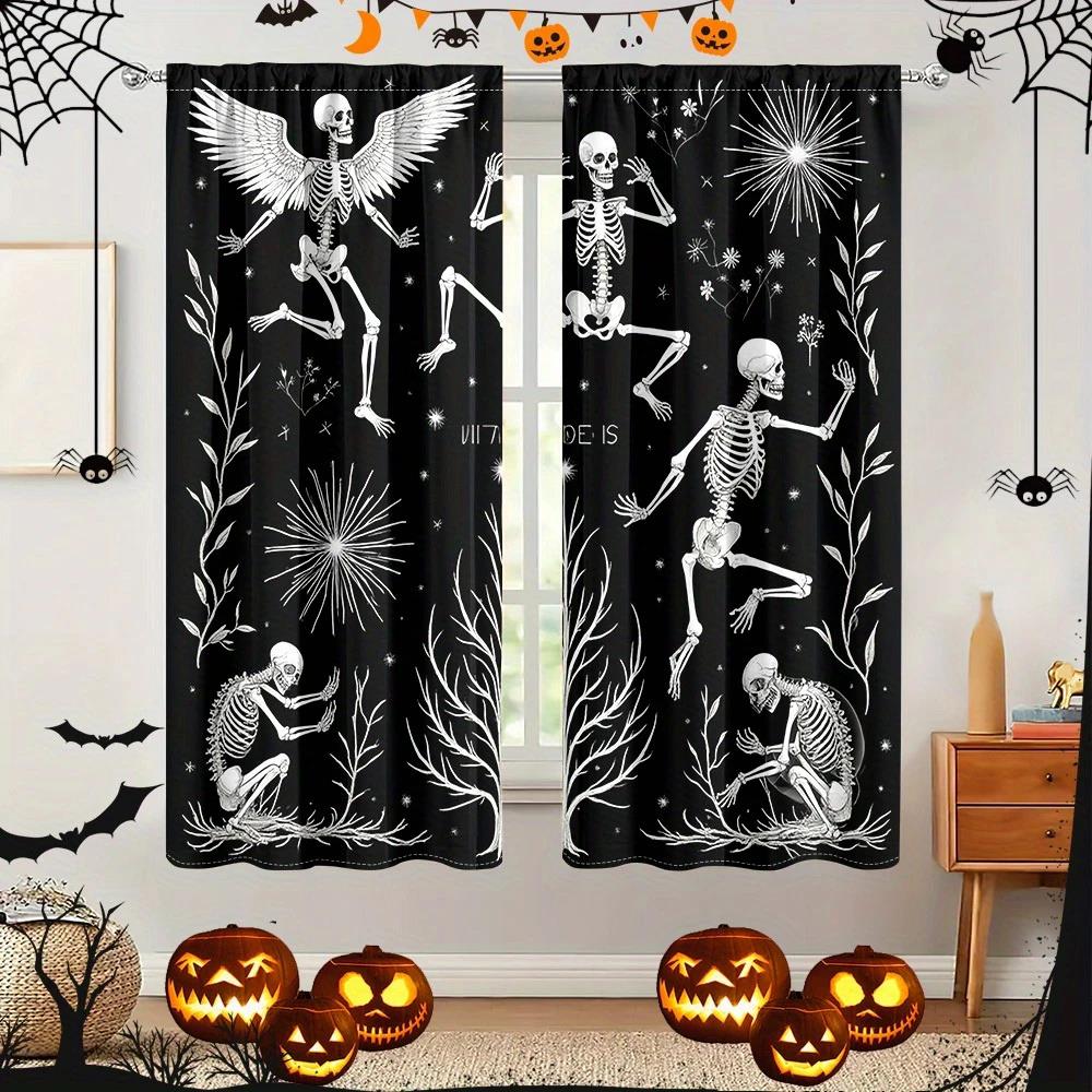 2pcs - Halloween Gothic style skull astronaut print curtains, pole bag home decoration, room decoration