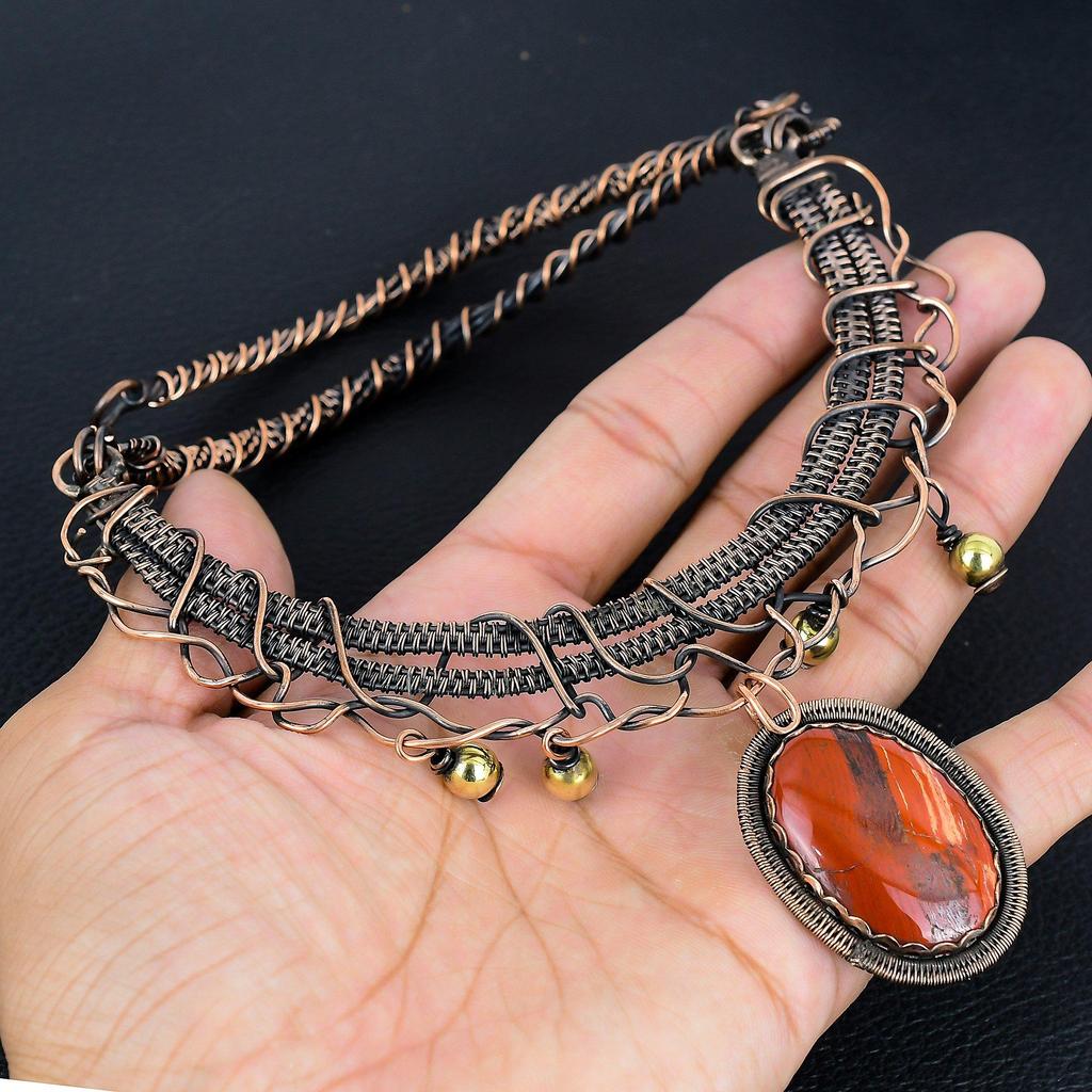 Roter Flussjaspis Halskette, 999 Kupferdraht umwickelte Halskette Edelsteinschmuck, Handgefertigte Halskette Erstaunlicher Schmuck, Geschenk für Sie