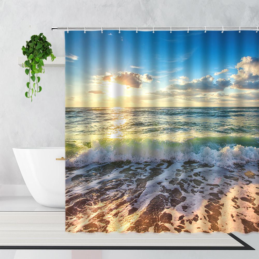 Palm Trees Beach Shower Curtains Sea Waves Island Vacation Hawaii Nature Scenery Summer Fabric Bathroom Decor Bath Curtain Hooks