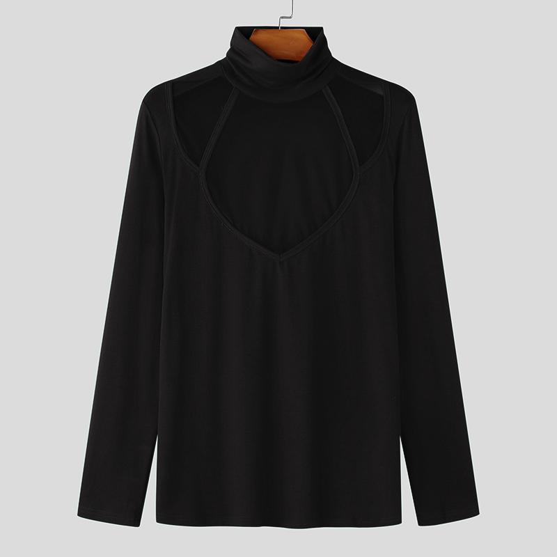 

INCERUN Мужские водолазки с сетчатым верхом в стиле пэчворк с длинным рукавом Узкие майки 5XL чёрный