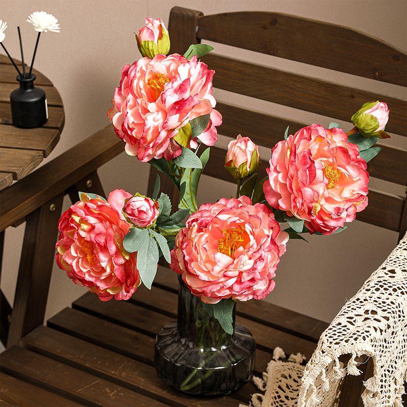 Oil Painting Peony Simulation Flower Light Luxury High-end Fake Bouquet Retro Ornament Living Room Dining Table Home Ornament Photo Fake Flower
